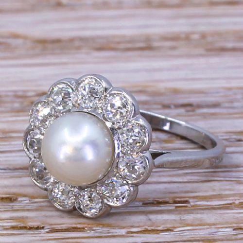 ART DECO NATURAL PEARL 088 CARAT OLD CUT DIAMOND CLUSTER RING CIRCA 1925