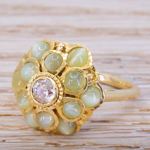 Mid Century 3.00 Carat Cat's Eye & Old Cut Diamond Cluster Ring, Circa 1955