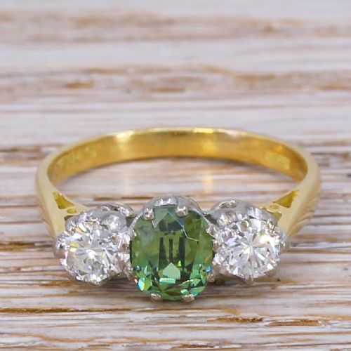 fig 1. Late 20th Century 1.01 Carat Demantoid Garnet & Diamond Trilogy Ring