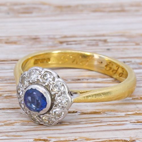Mid Century 0.25 Carat Sapphire & Diamond Cluster Ring, Dated 1952