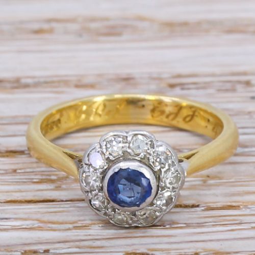 fig 1. Mid Century 0.25 Carat Sapphire & Diamond Cluster Ring, dated 1952