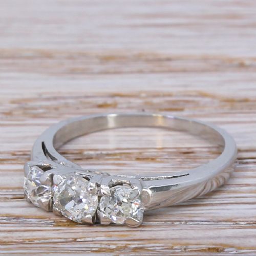 Mid Century 0.88 Carat Old Cut Diamond Trilogy Ring, Circa 1950