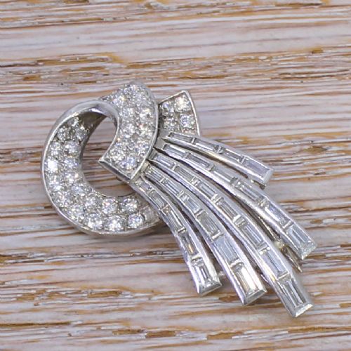 Mid Century 2.72 Carat Brilliant Cut & Baguette Cut Diamond Brooch, Circa 1950