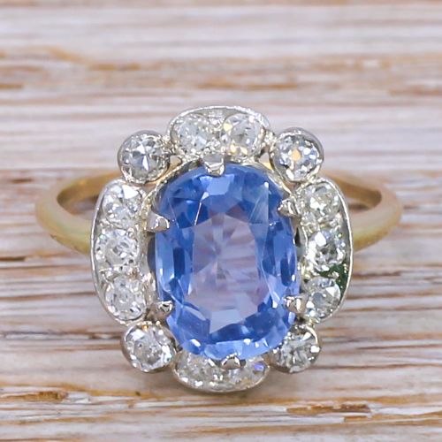 fig 1. Art Deco 3.10 Carat Natural Ceylon Sapphire & Diamond Cluster Ring, circa 1920