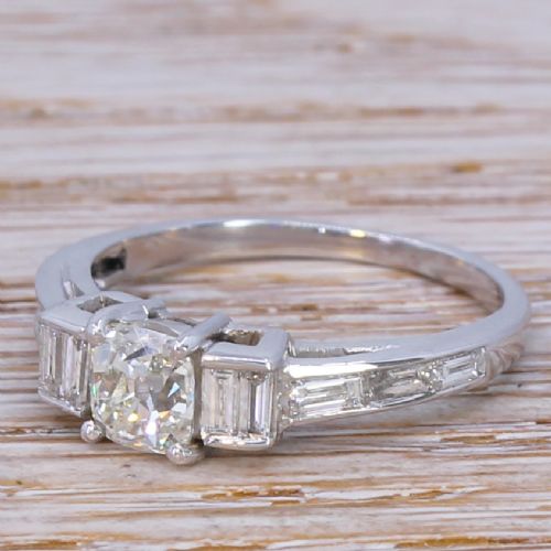 Mid Century 1.94 Carat Old Cut & Baguette Cut Diamond Ring, Circa 1960