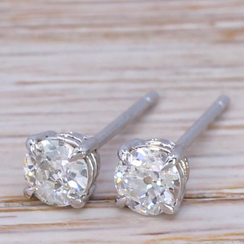 0.53 Carat Old Cut Diamond Stud Earrings, 18k White Gold