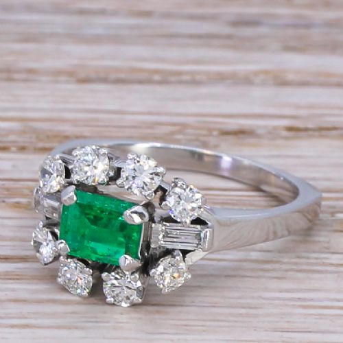 Mid Century 0.45 Carat Emerald & 0.78 Carat Diamond Cluster Ring