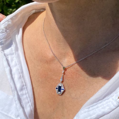 fig 1. Art Deco 0.85 Carat Synthetic Sapphire & Diamond Pendant, circa 1935