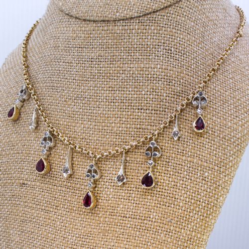 Victorian 3.50 Carat Natural Ruby & Rose Cut Diamond Necklace, Circa 1850