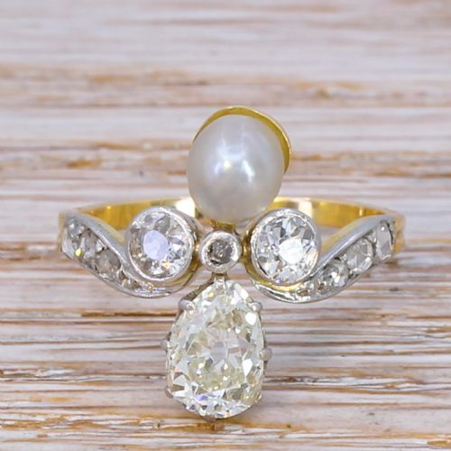 fig 1. Art Nouveau 1.70 Carat Old Cut Diamond & Tahitian Pearl Ring, circa 1910