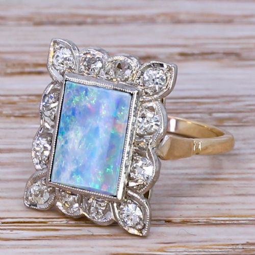 Art Deco Opal Doublet & Old Cut Diamond Cluster Ring, Circa 1920