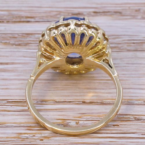 fig 3. An Art Deco cluster ring featuring a large oval Ceylon sapphire surrounded by a halo of round diamonds mounted on a gold band.