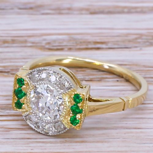 Mid Century 1.06 Carat Old Diamond & Emerald Cluster Ring, Circa 1950