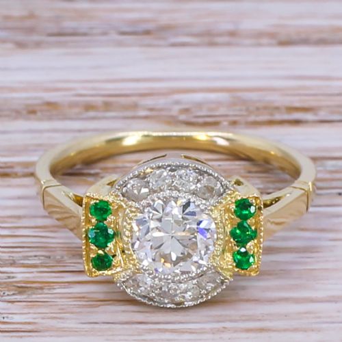 fig 1. Mid Century 1.06 Carat Old Diamond & Emerald Cluster Ring, circa 1950