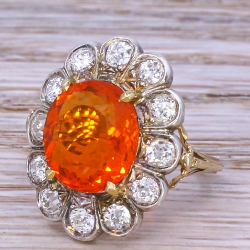 Victorian 3.52 Carat Fire Opal & 1.20 Carat Old Cut Diamond Cluster Ring, Circa 1900