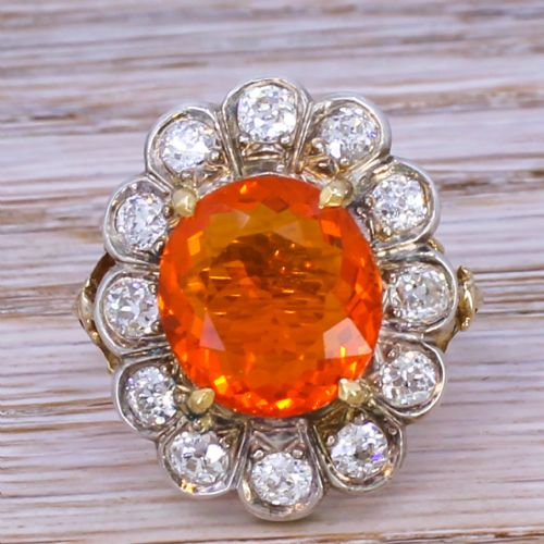 fig 1. Victorian 3.52 Carat Fire Opal & 1.20 Carat Old Cut Diamond Cluster Ring, circa 1900