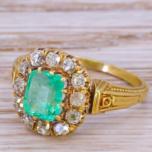 Art Nouveau 1.00 Carat Emerald & 0.72 Carat Diamond Ring, Circa 1900