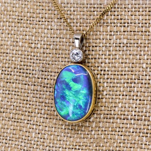 Mid Century 10.75 Carat Black Opal & Diamond Pendant, Circa 1950