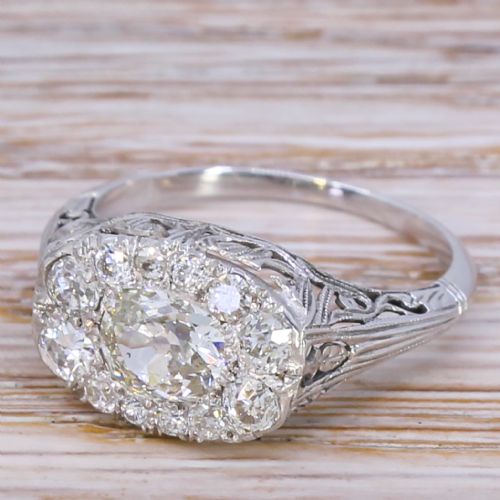Retro 1.45 Carat Old Cut Diamond Cluster Ring, Circa 1950