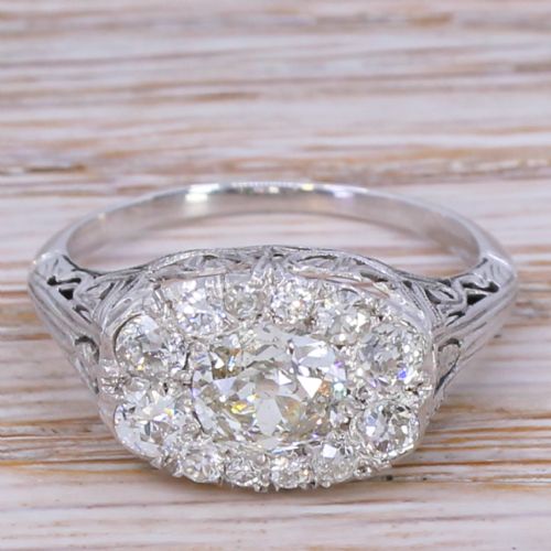 fig 1. Retro 1.45 Carat Old Cut Diamond Cluster Ring, circa 1950