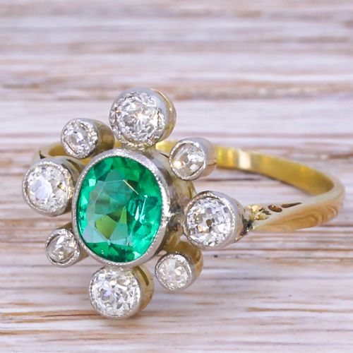 Art Deco 0.80 Carat Minor Oil Colombian Emerald & Old Cut Diamond Ring, Circa 1920