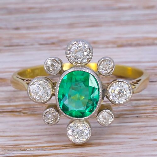 fig 1. Art Deco 0.80 Carat Minor Oil Colombian Emerald & Old Cut Diamond Ring, circa 1920