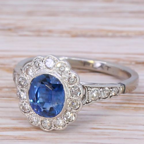 Art Deco 1.10 Carat Sapphire & 0.60 Carat Diamond Cluster Ring, Circa 1940
