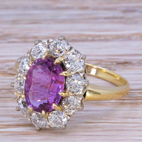 Victorian 2.06 Carat Natural Pink Sapphire & Old Cut Diamond Cluster Ring, Circa 1900