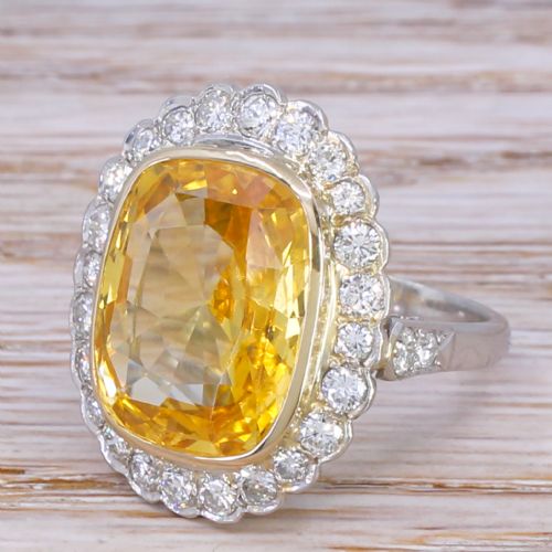 Retro 14.48 Carat Ceylon Yellow Sapphire & Diamond Ring, Circa 1950