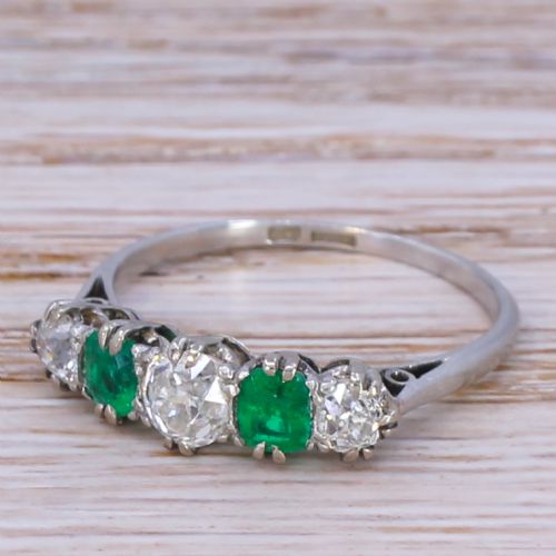 Art Deco 0.86 Carat Diamond & 0.75 Carat Emerald Five Stone Ring, Circa 1920