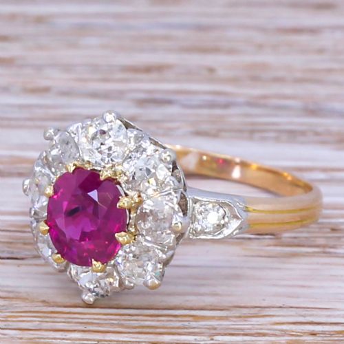 Art Deco 1.06 Carat Mong Hsu Burmese Ruby & Diamond Cluster Ring, Circa 1935
