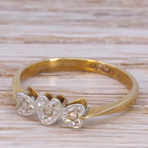 Mid Century Rose Cut Diamond Trilogy Heart Ring, Circa 1960
