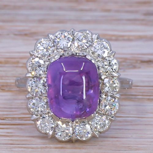 fig 1. Mid Century 5.84 Carat Natural Ceylon Purple Cabochon Sapphire & Diamond Ring, circa 1950