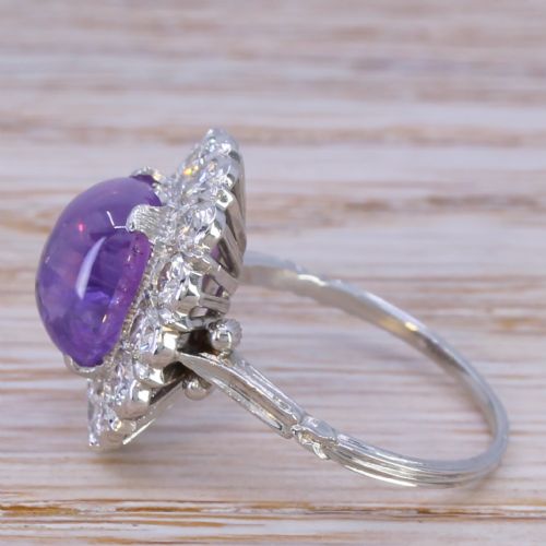 fig 2. Mid Century 5.84 Carat Natural Ceylon Purple Cabochon Sapphire & Diamond Ring, circa 1950