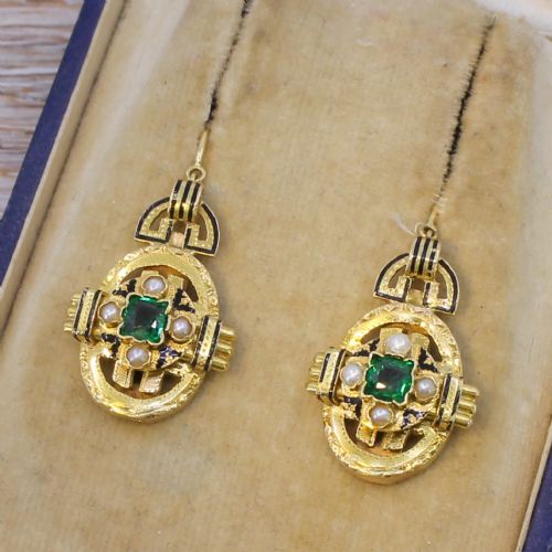Victorian Emerald & Pearl Drop Earrings, Circa 1880