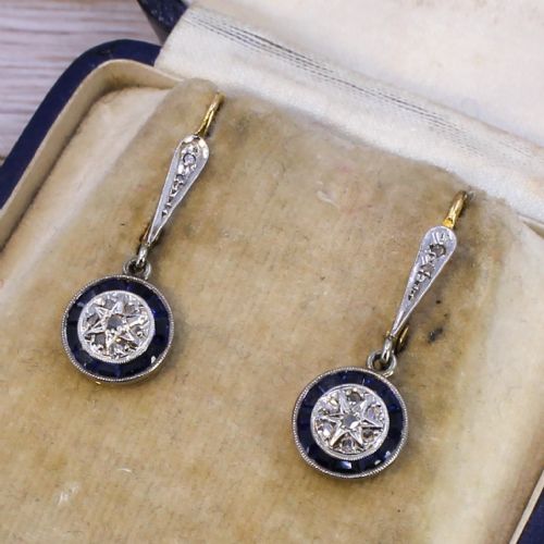 Art Deco Sapphire & Diamond Target Cluster Earrings, Circa 1930