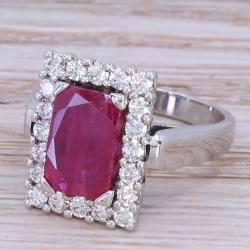 Mid Century 2.37 Carat Burmese Ruby & Diamond Cluster Ring, Circa 1960