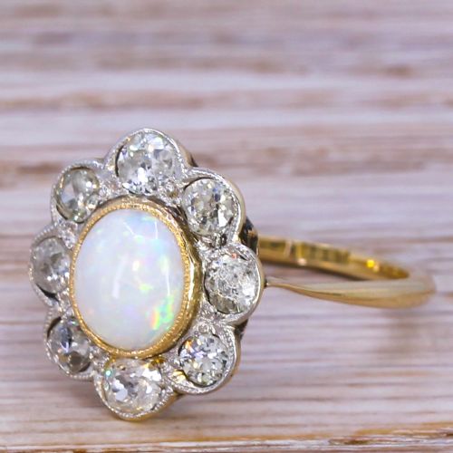 Edwardian 0.84 Carat Opal & 0.80 Carat Diamond Cluster Ring, Circa 1910