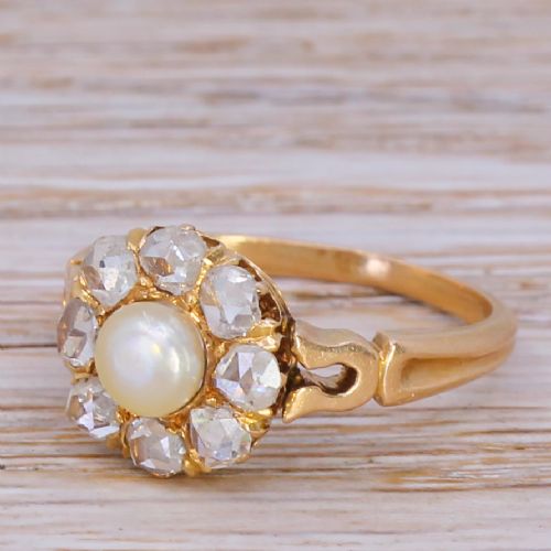 Edwardian Natural Pearl & Rose Cut Diamond Cluster Ring, Circa 1910