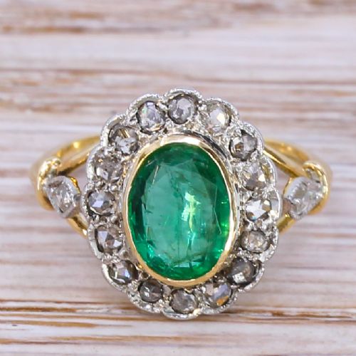 fig 1. Art Deco 1.00 Carat Emerald & Rose Cut Diamond Cluster Ring, circa 1940