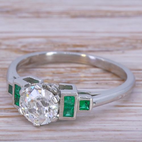 0.76 Carat Old European Cut Diamond & Emerald Ring, Platinum