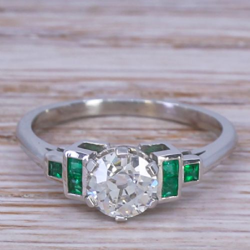 fig 1. 0.76 Carat Old European Cut Diamond & Emerald Ring, Platinum