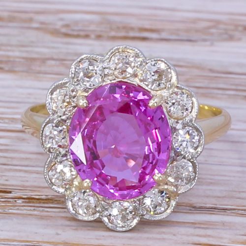 fig 1. Edwardian 4.22 Carat Natural Pink Sapphire & Diamond Cluster Ring, circa 1910