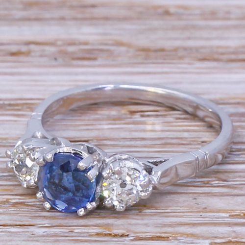 Art Deco 1.08 Carat Kashmir Sapphire & Old Cut Diamond Trilogy Ring, Circa 1925