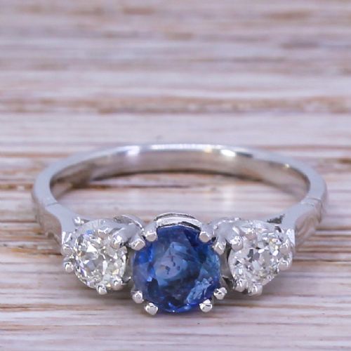 fig 1. Art Deco 1.08 Carat Kashmir Sapphire & Old Cut Diamond Trilogy Ring, circa 1925