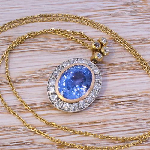 Victorian 7.14 Carat Natural Ceylon Sapphire & Diamond Cluster Pendant, Circa 1900