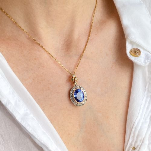 fig 1. Victorian 7.14 Carat Natural Ceylon Sapphire & Diamond Cluster Pendant, circa 1900