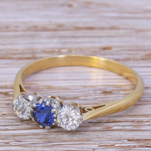 Mid Century 0.20 Carat Sapphire & 0.30 Carat Old Cut Diamond Trilogy Ring, Circa 1960