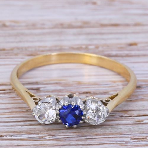 fig 1. Mid Century 0.20 Carat Sapphire & 0.30 Carat Old Cut Diamond Trilogy Ring, circa 1960