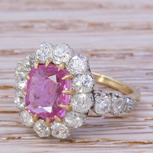 Edwardian 1.80 Carat Natural Pink Sapphire & 2.30 Carat Diamond Cluster Ring, Circa 1910
